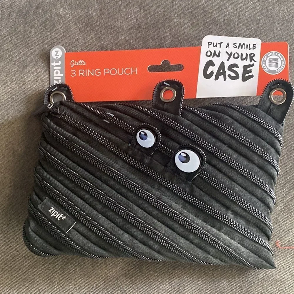 Zipit Grillz Black Pencil Case fits on 3 Ring Binder Folder NWT